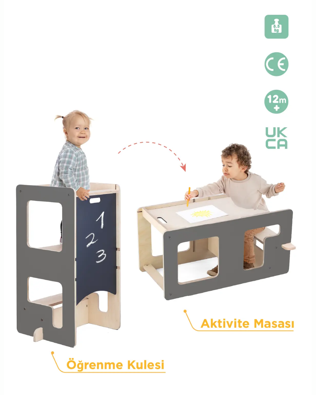 Mamatoyz Flip Gri 3'ü 1 Arada Öğrenme Kulesi & Aktivite Masası & Yazı Tahtası