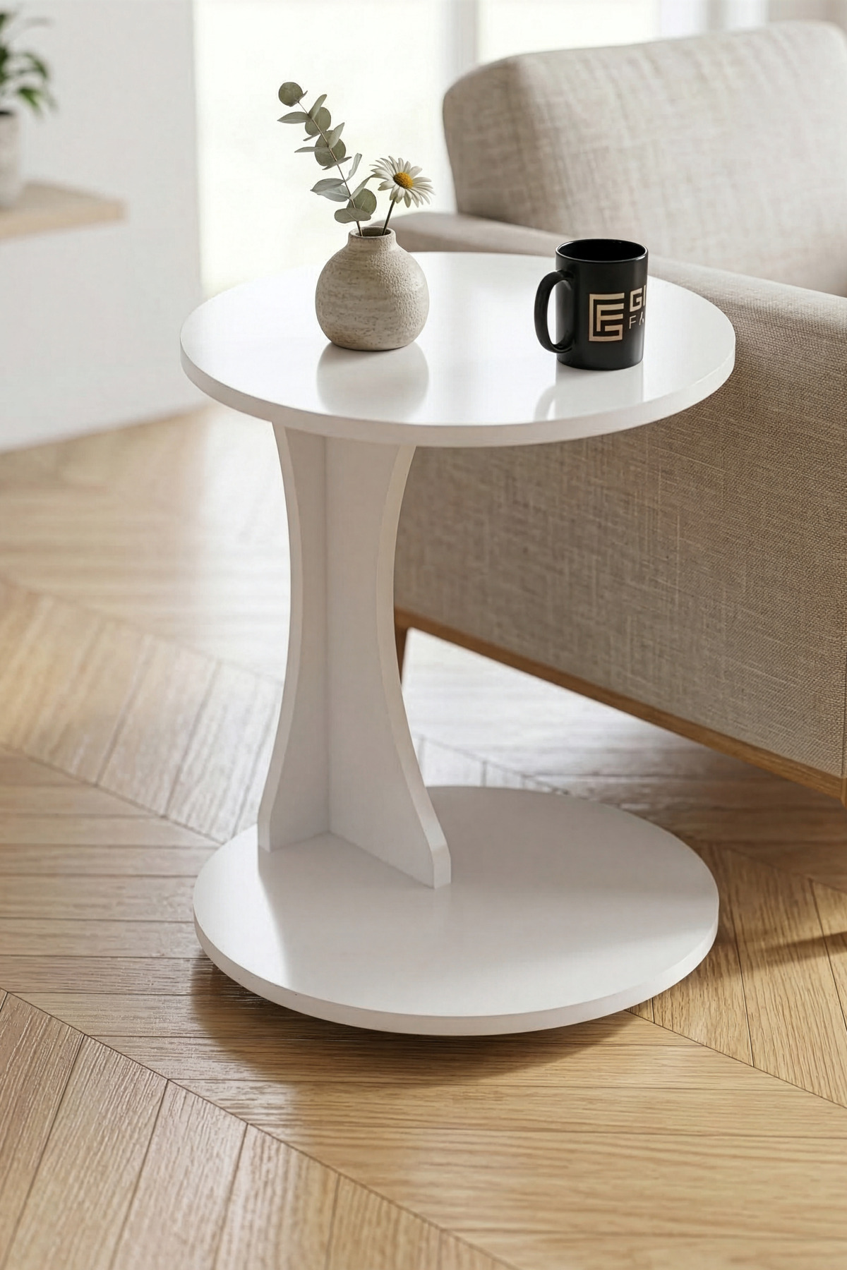 Reyo Falez Yan Sehpa Modern C Sehpa Minimal Tasarım Yuvarlak Orta Sehpa Salon Koltuk Yanı 6096 Beyaz