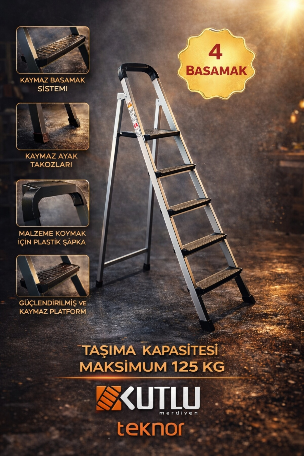 Reyo Kutlu Dayanıklı 4+1 Metal Basamaklı Katlanır Merdiven – Kaymaz Basamaklı Ev Tipi Portatif Merdiven