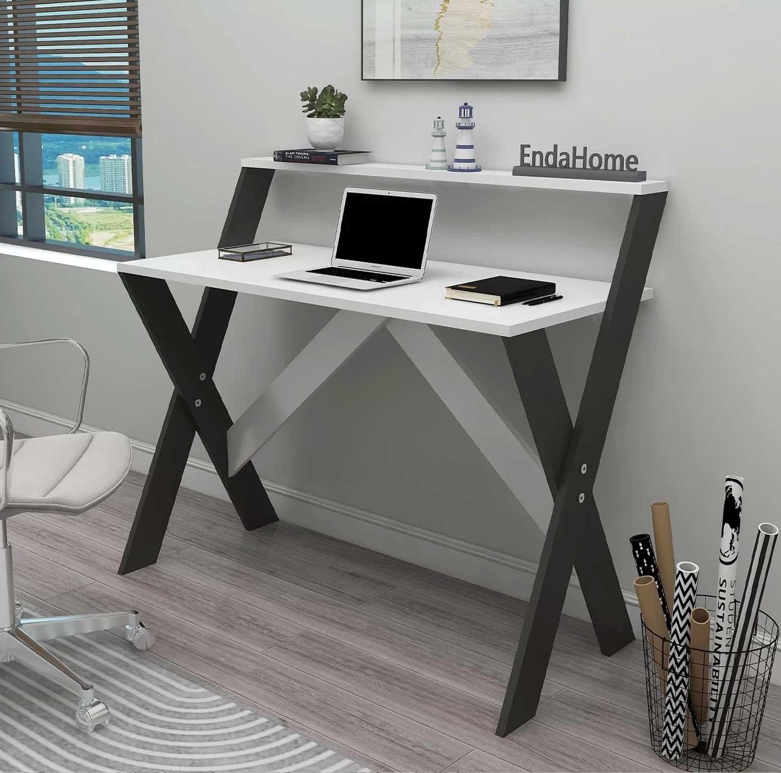 Enda Home X Ayaklı Raflı Ders Çalışma Masası 50x90 cm Antrasit - Beyaz