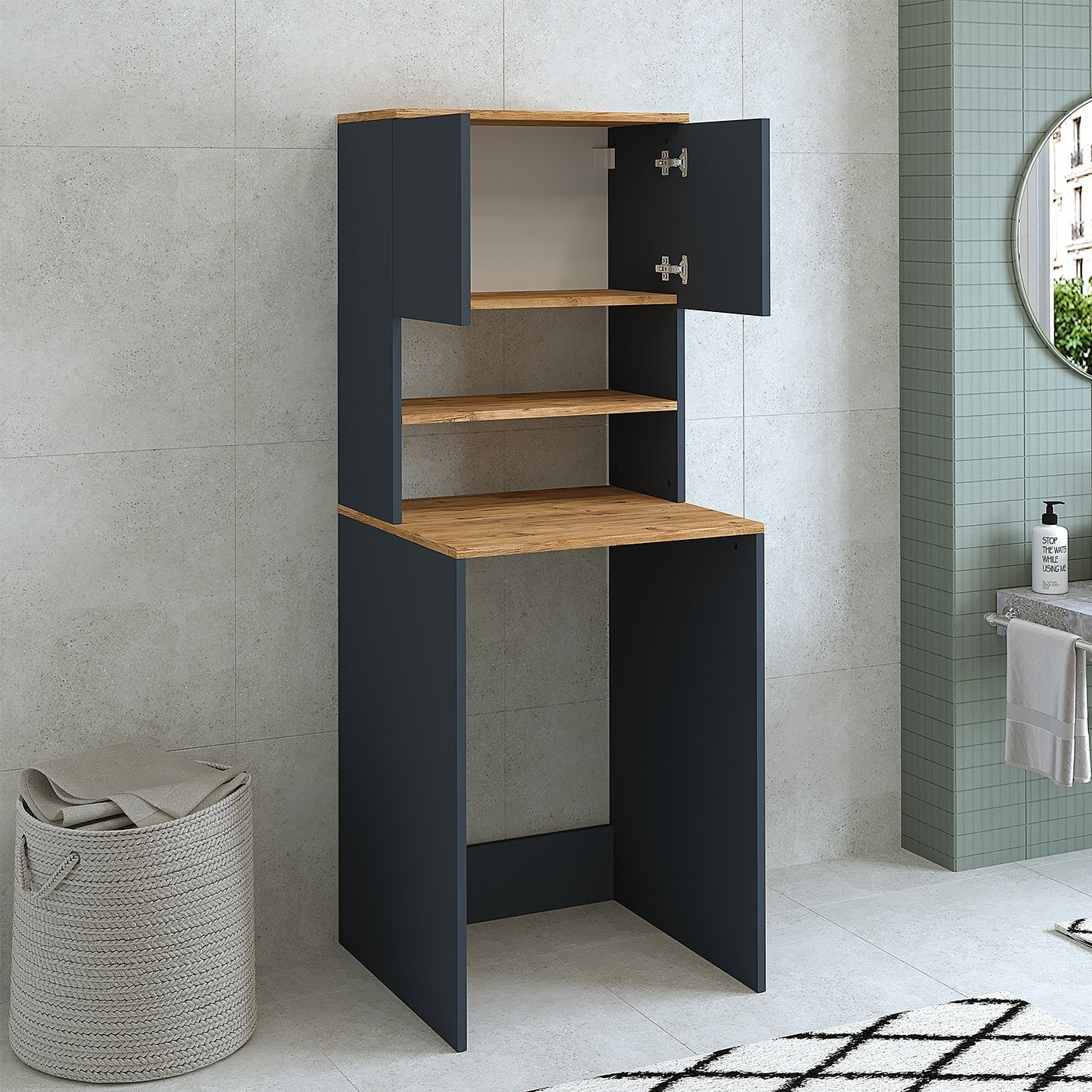 RoomArt Banos Banyo Lavabolu Mat Antrasit-Ahşap Mdf 65 cCm Banyo Dolabı + Aynalı Banyo Üst Dolabı + Banyo Boy Dolabı