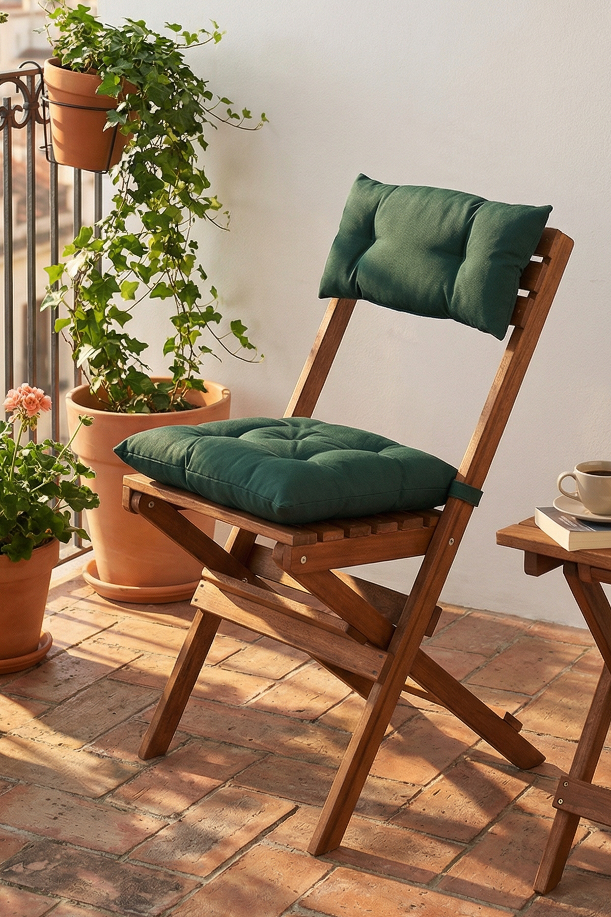 Bysay Vernikli Puf Minderli Ahşap Katlanabilir Bahçe Mutfak Balkon Teras Sandalyesi (Ceviz-Yeşil)
