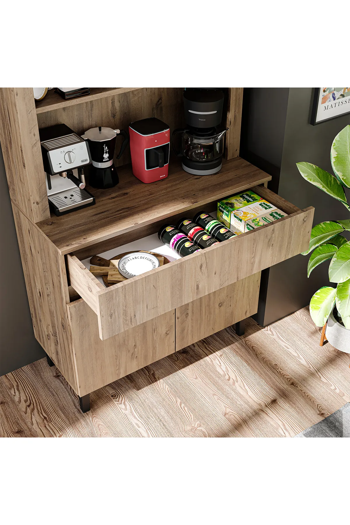 RoomArt Venedik Kahve Köşesi, Çok Amaçlı Dolap, 2 Kapaklı 1 Çekmeceli Kiler Dolabı, Mutfak Dolabı Atlantik Çam