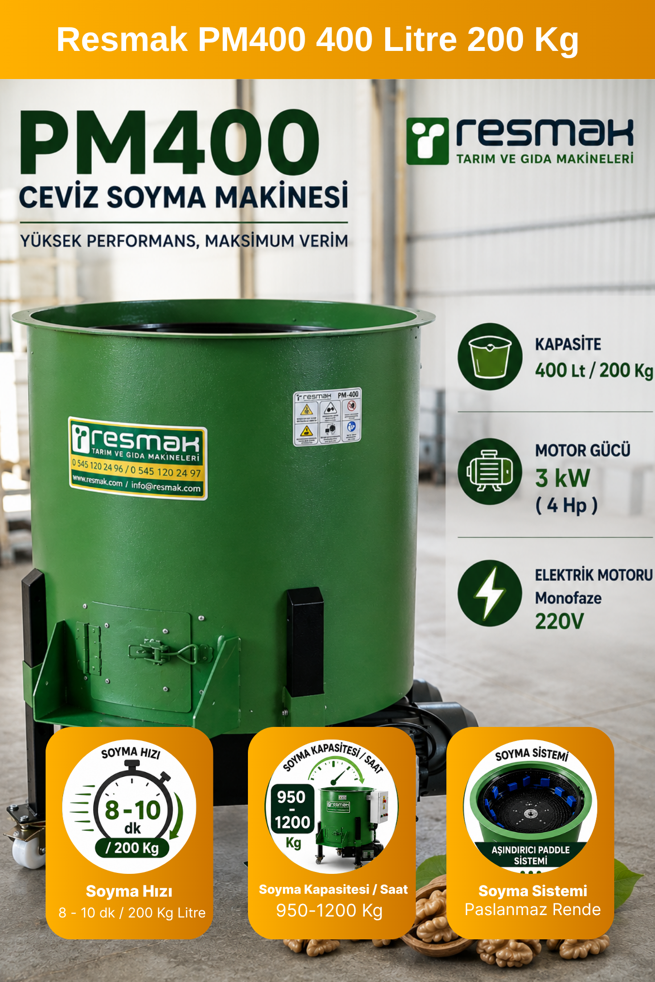 Resmak PM400 400 Litre 200 Kg Ceviz Soyma Makinesi