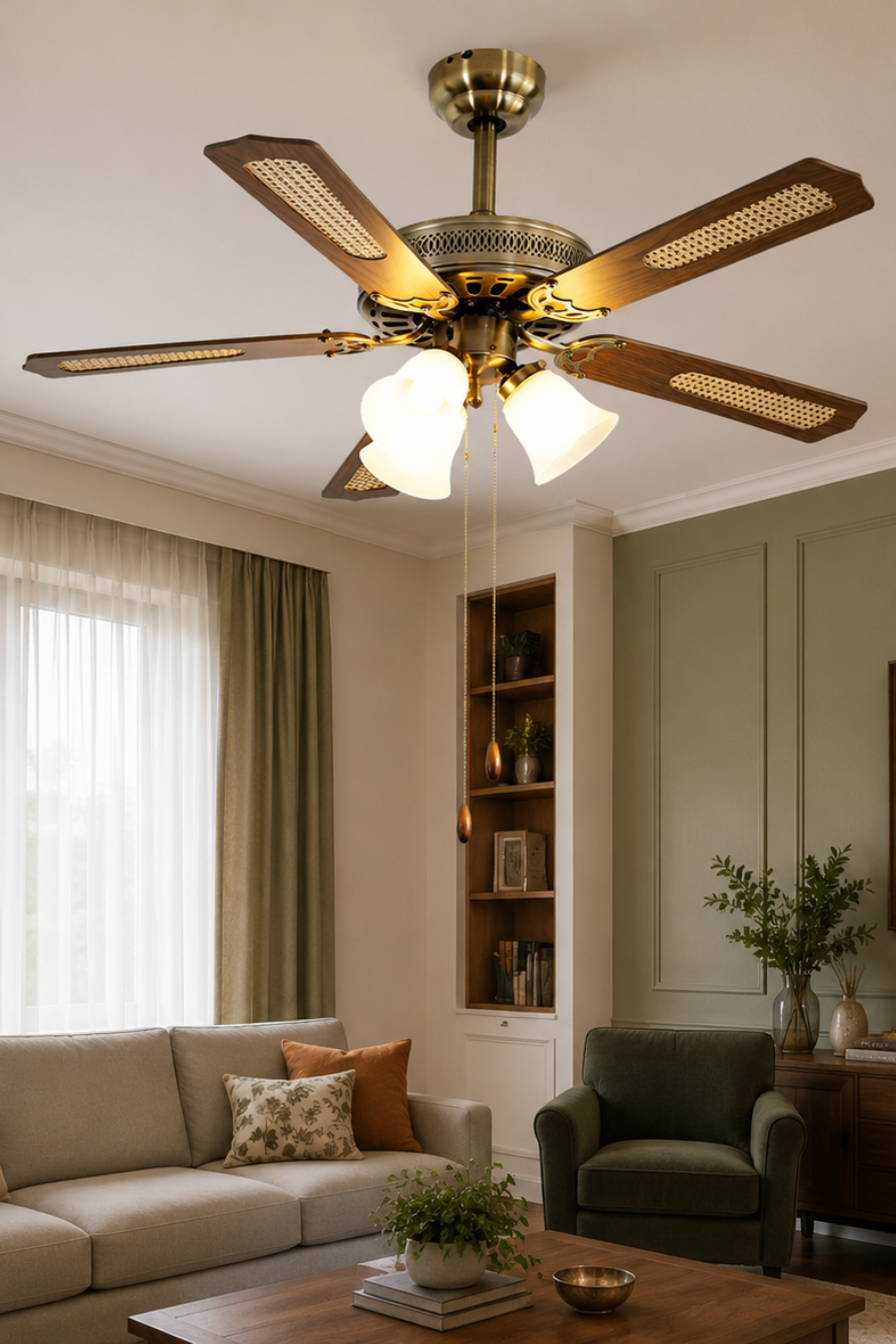 Reyo Lodos Ahşap 132cm İpli Bakır Motor 3 Lambalı Tavan Vantilatörü Ahşap