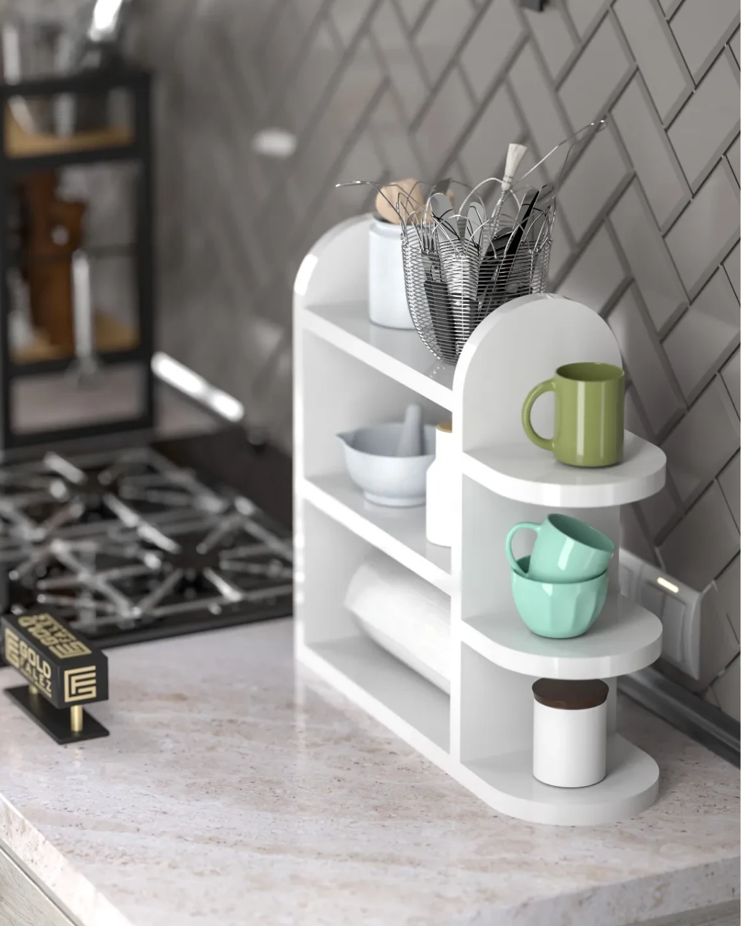 Reyo Home Modern Peçetelikli Baharatlık Mutfak Rafı Beyaz