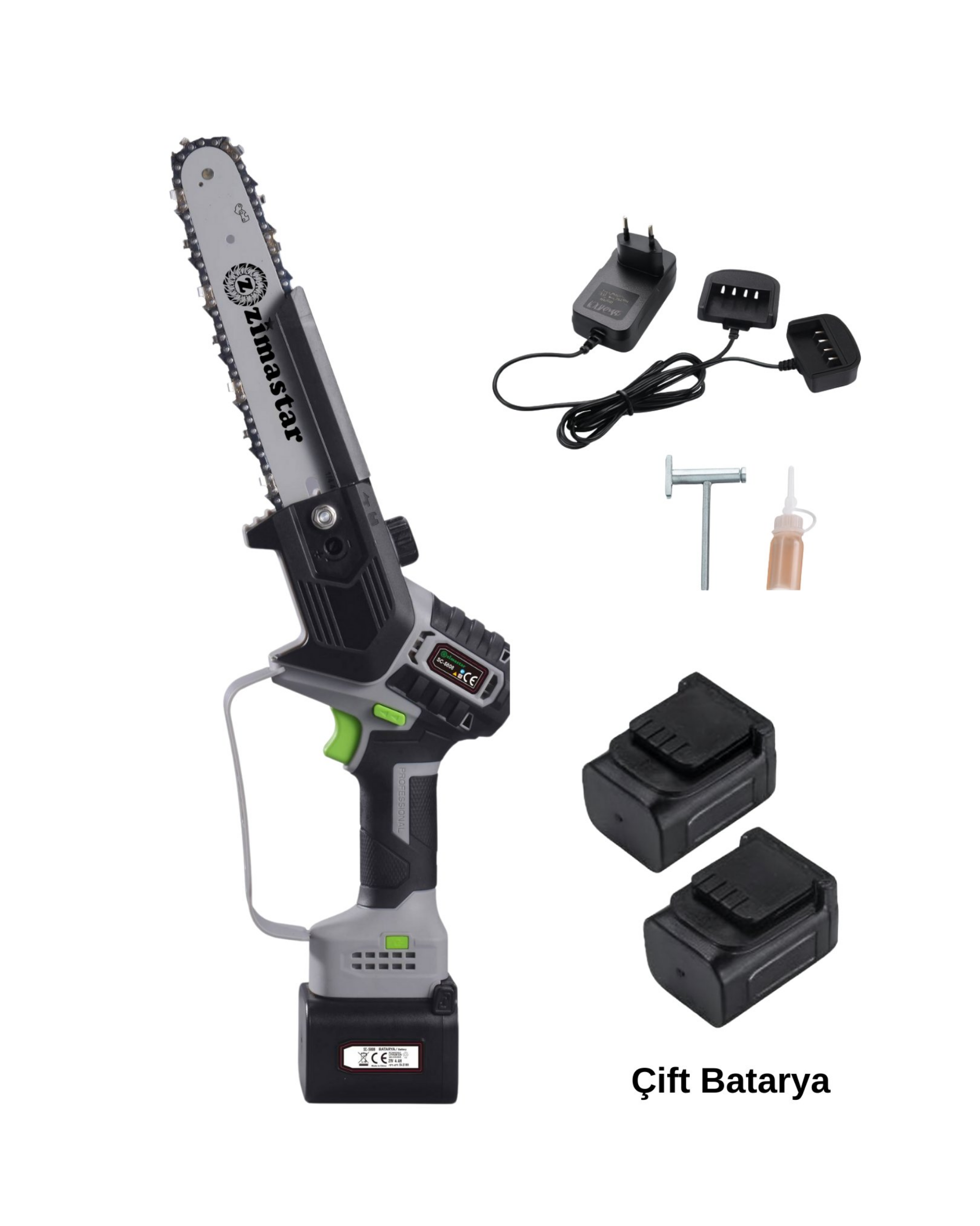 Zimastar SC-5808 Akülü Zincirli Budama Testeresi 21V 4Ah Çift Akülü ve SC-7612 Teleskopik Uzatma Aparatı