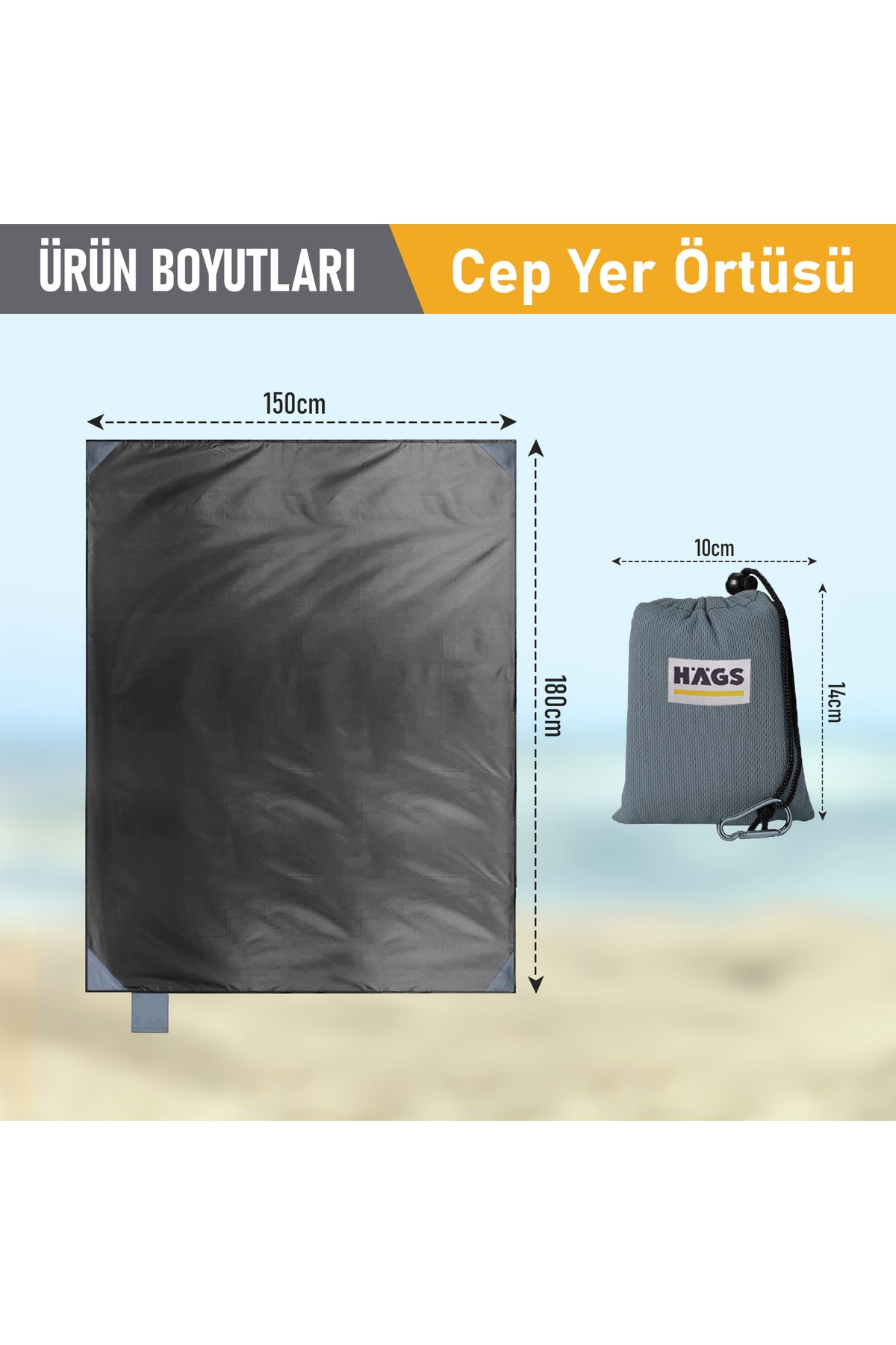 Haegs Cep Yer Örtüsü, Piknik Örtüsü Kamp Matı, Plaj Yer Örtüsü, Su Geçirmez, Kum Tutmaz, Hızlı Kurur, Hafif, Katlanabilir İnce Zemin Örtüsü Outdoor Açık Hava Kamp Yürüyüş Seyahat için - El Askılı - 180-150cm - Gri