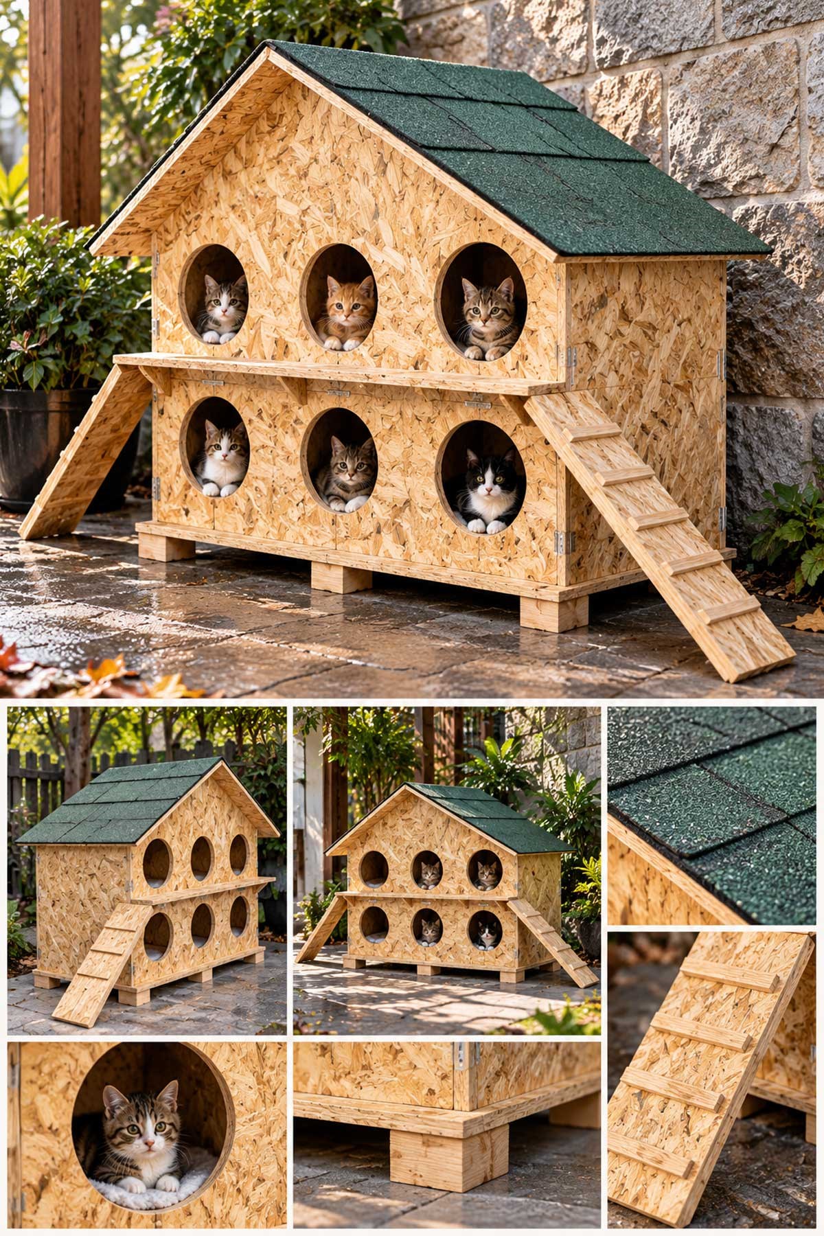 Melada 6 Bölmeli Kedi Evi Dış Ortam Uygun Ahşap Kedi Barınağı, Yetişkin Kedi Evi Su Yalıtımlı Rüzgar ve Soğuğa Dayanıklı OSB 100x95x50 cm MLD0CAT27