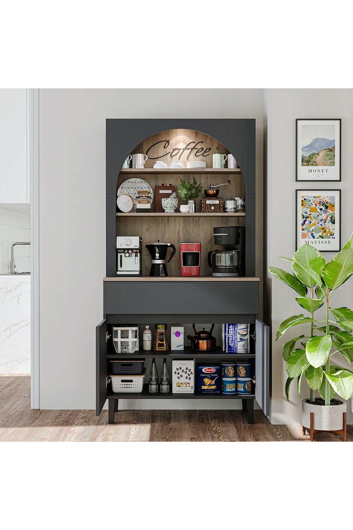 RoomArt Venedik Kahve Köşesi, Çok Amaçlı Dolap, 2 Kapaklı 1 Çekmeceli Kiler Dolabı, Mutfak Dolabı Antrasit