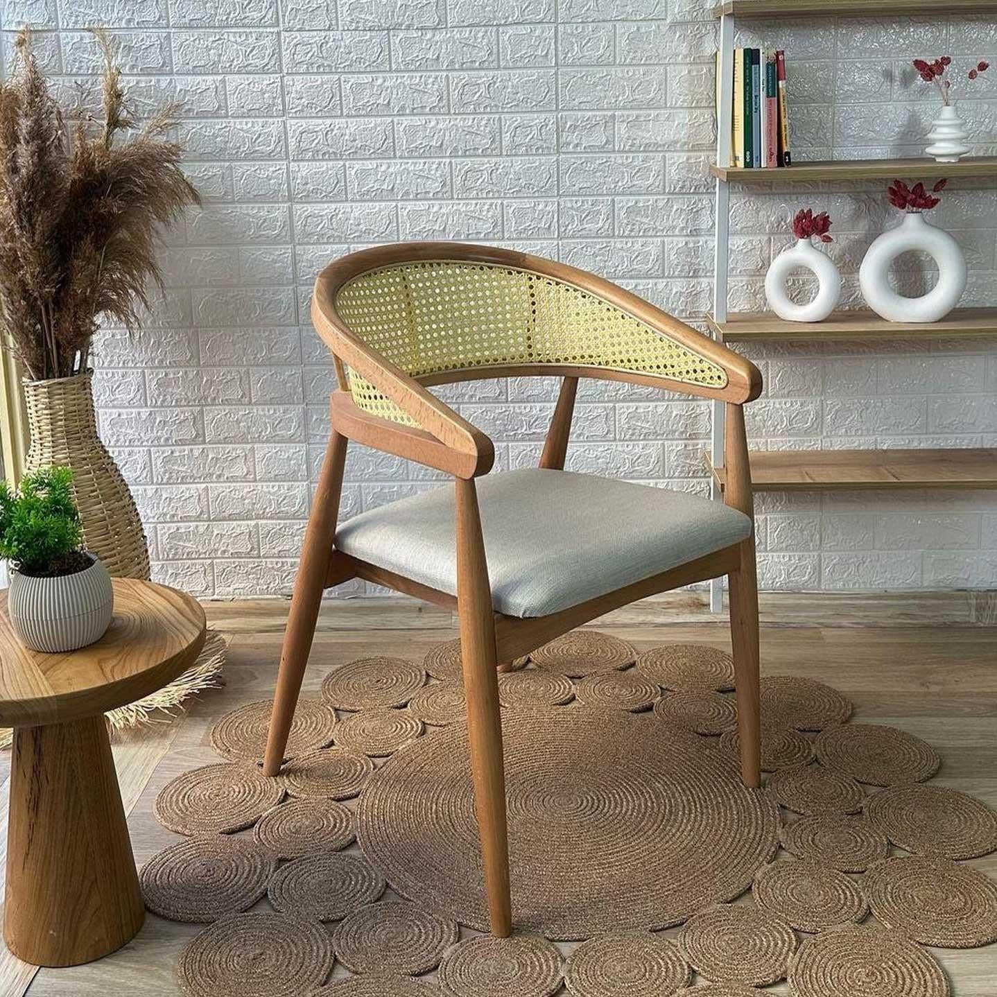 Reyo Gazel Hasırlı Ahşap Sandalye, Yemek Odası Sandalyesi, Modern Sandalye, Doğal Hazeran Sandalye Naturel