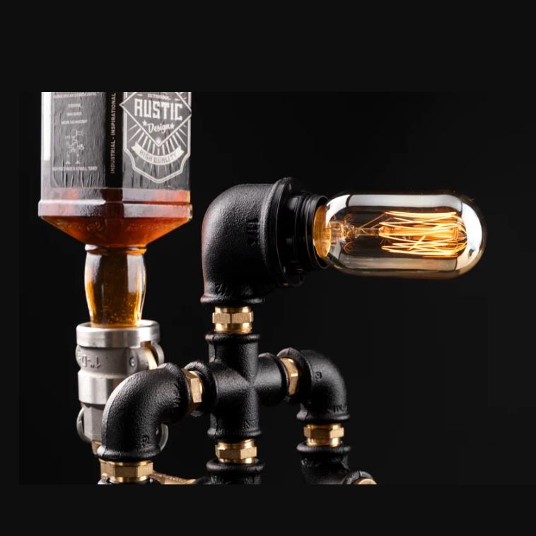 Rustik Atölye İtfaiyeci Masa Lambalı Lampenser İçki Musluğu Koyu Ceviz