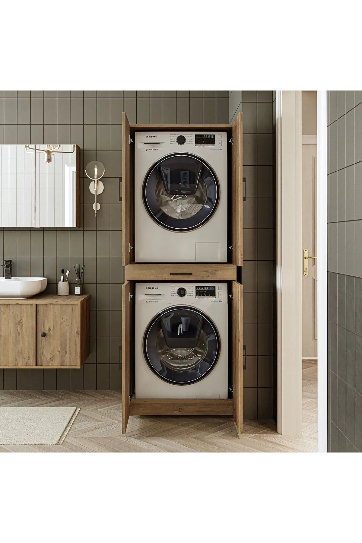 RoomArt Banyo Dolabı Kapaklı Çamaşır Ve Kurutma Makinesi Dolabı 70x185 cm Atlantik Çam