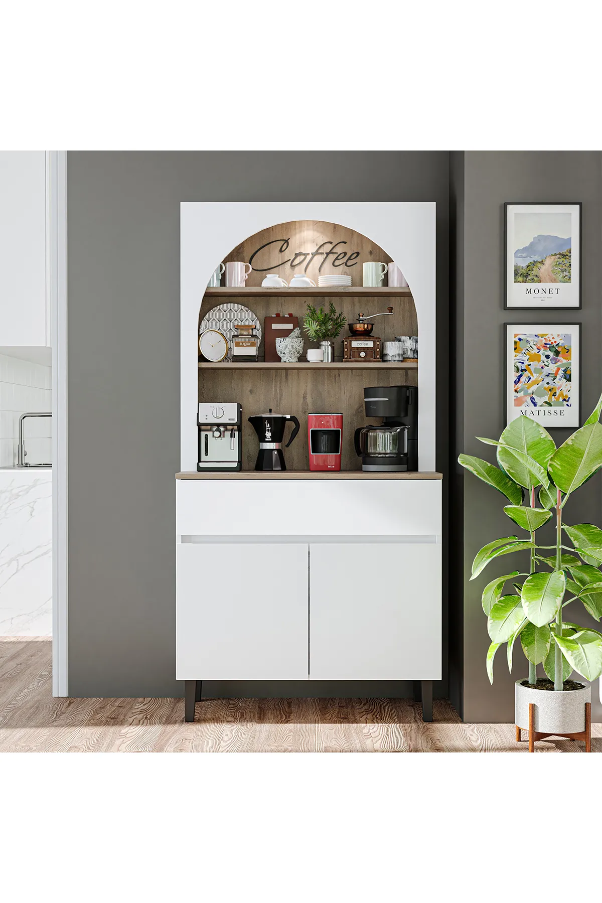 RoomArt Venedik Kahve Köşesi, Çok Amaçlı Dolap, 2 Kapaklı 1 Çekmeceli Kiler Dolabı, Mutfak Dolabı Beyaz Çam