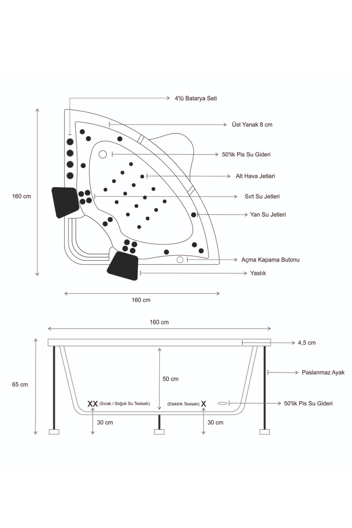 Kuntbay 160 x 160 H 65 Köşe Oval Camlı Jakuzi