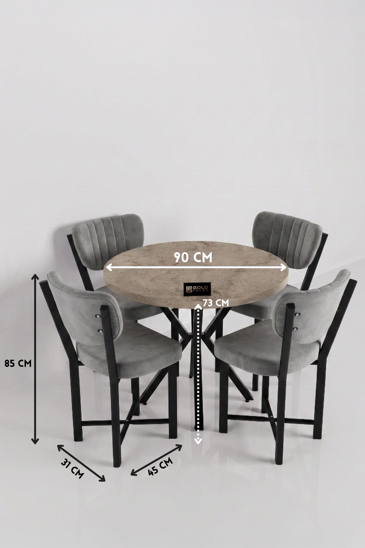 Reyo Falez Elma 90 cm 4 Sandalyeli Yuvarlak Masa Takımı Modern Mutfak Balkon Kafe Yemek Masası Seti - Traverten Gri 9866