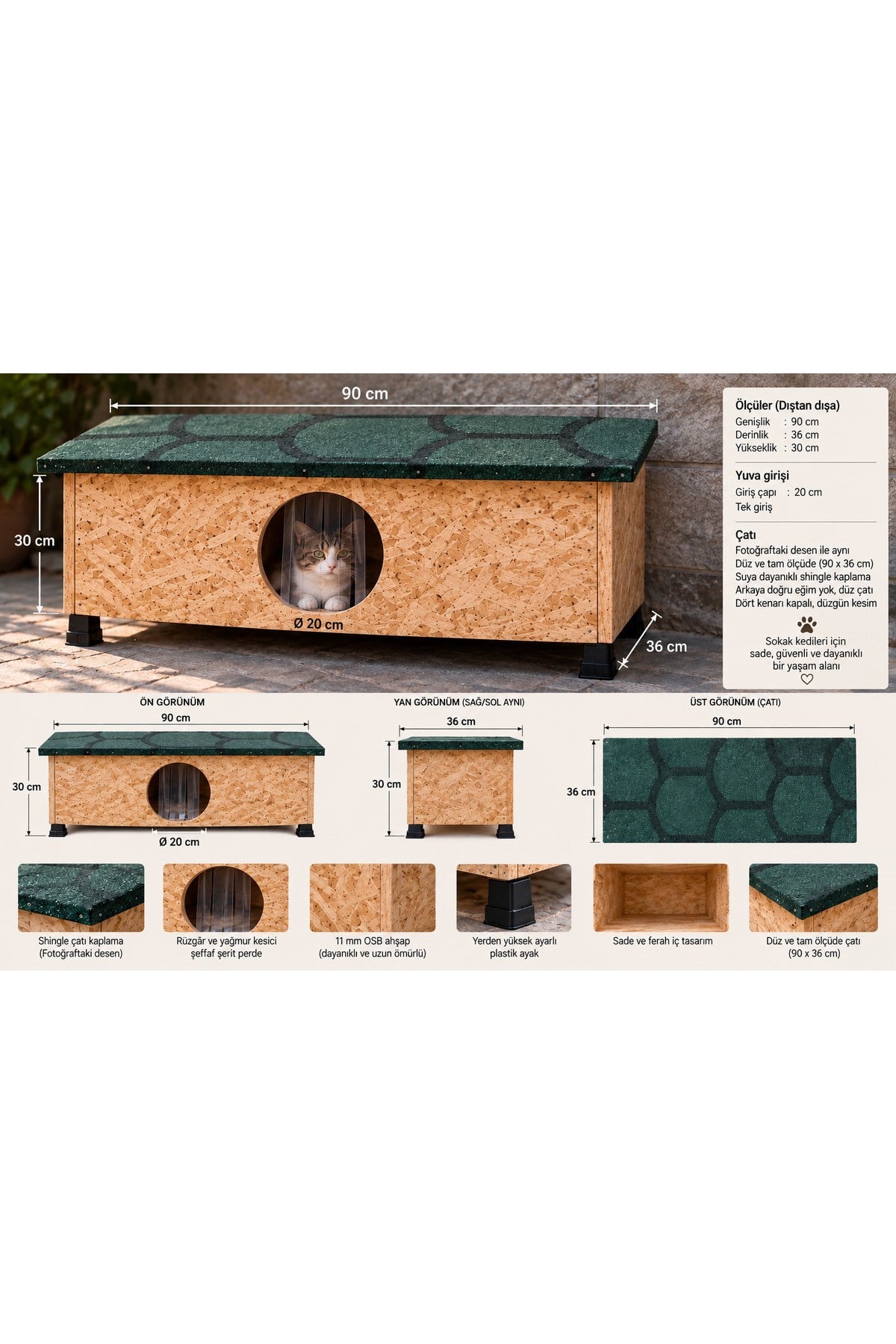 Narım Shingle Çatılı Büyük Boy Kedi Evi Kedi Yuvası Kedi Barınağı 90x36x30 cm Rüzgar ve Yağmur Geçirmez