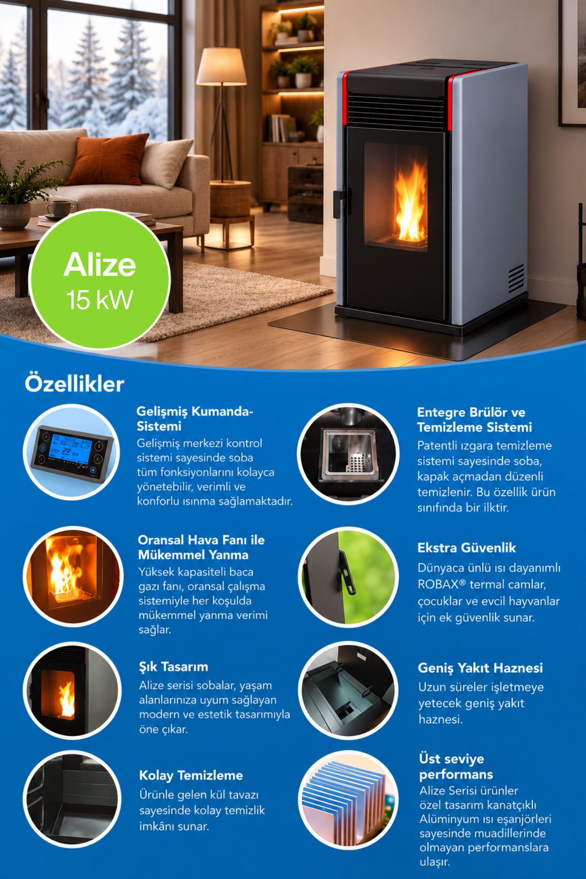 Arıkazan Alize 15 kW Yeni Nesil Peletli Sıcak Hava Sobası Kuru Üflemeli Pelet Şömine