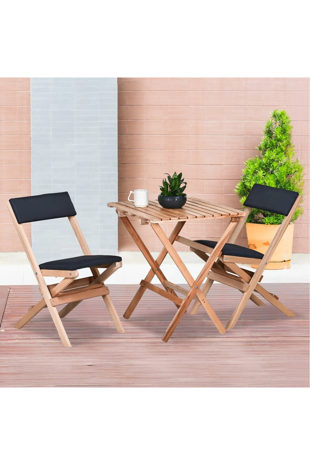 BySay Ahşap Katlanır Döşeme Minderli 3'lü Bistro Set Bahçe Takımı Naturel Antrasit