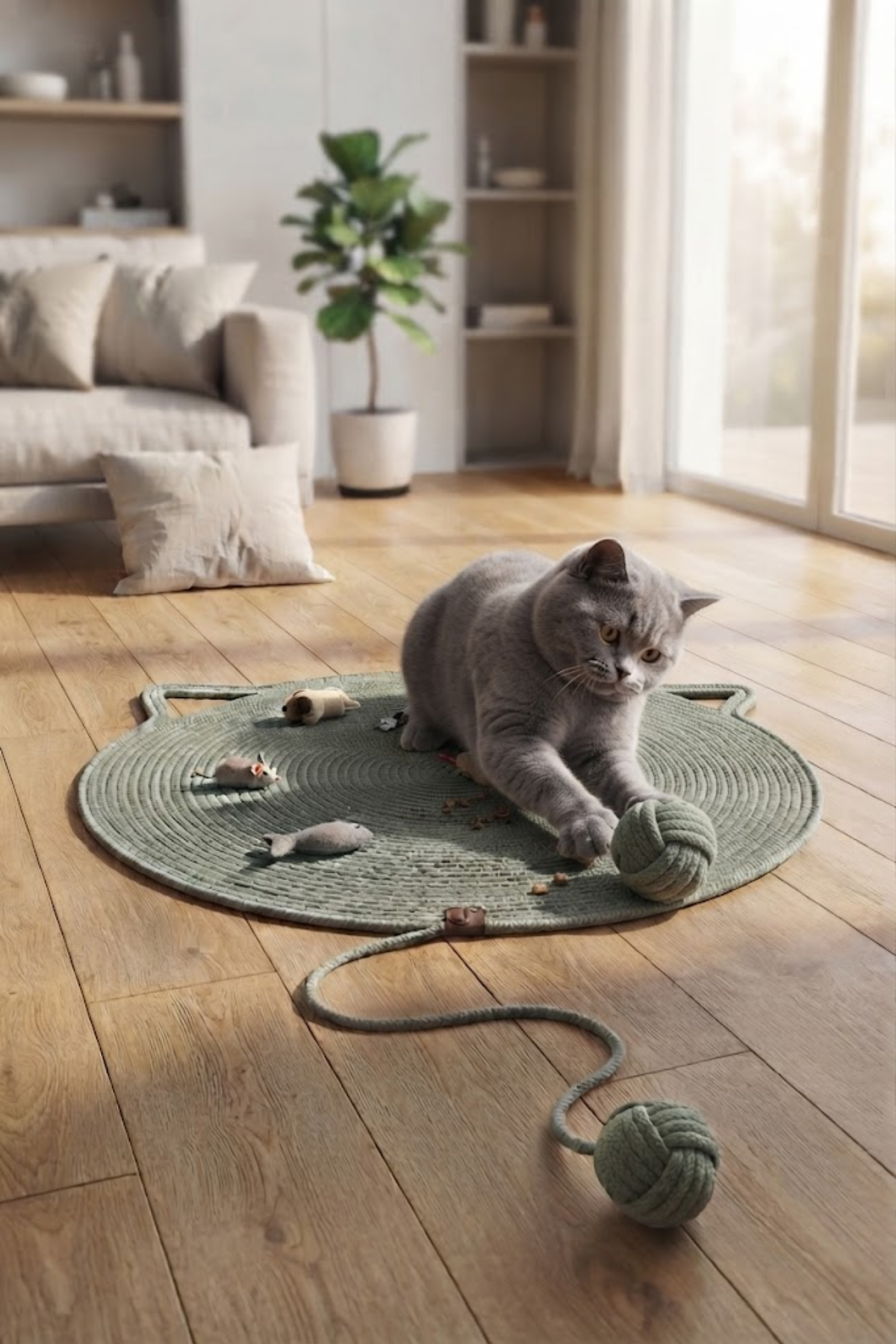 Reyo Pet El Yapımı Oyuncaklı Kedi Tırmalama Matı %100 Pamuk İpli Mint