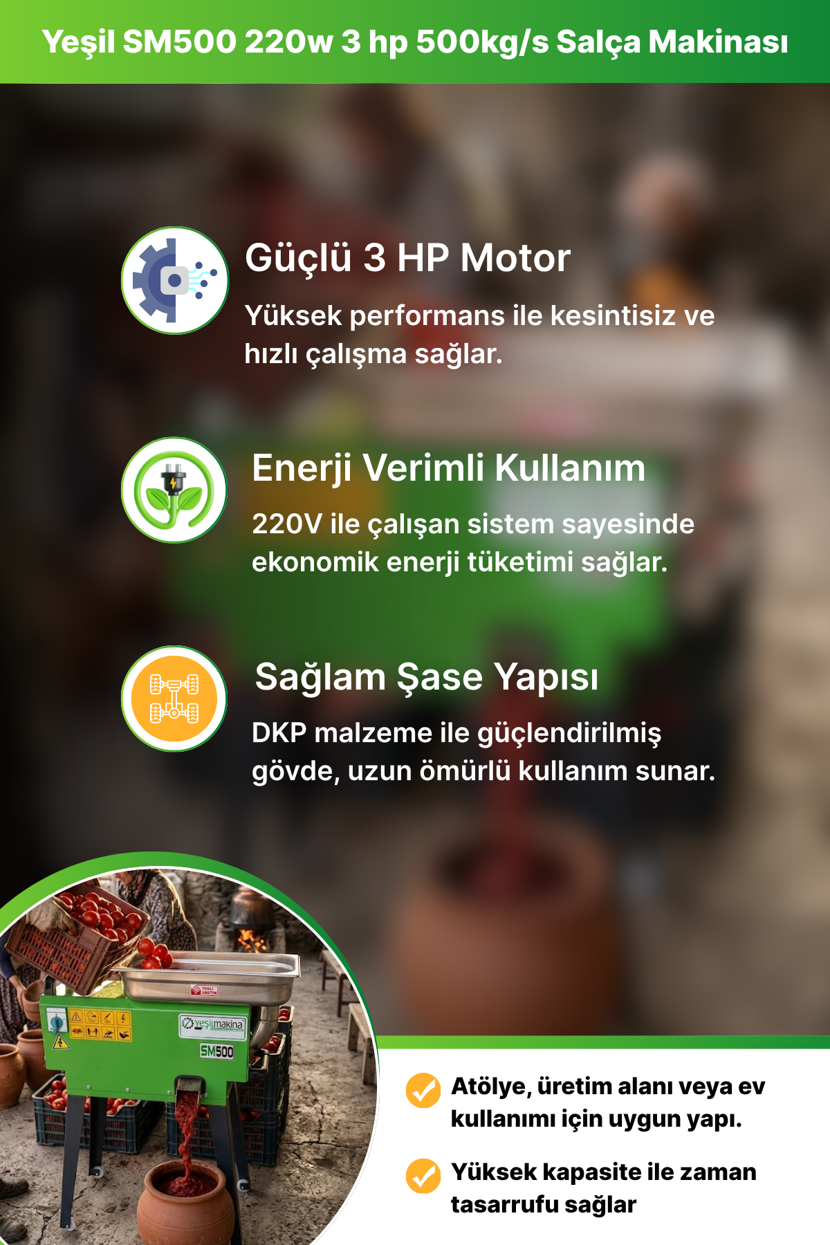 Yeşil SM500 220w 3 hp 500kg/s Salça Makinası
