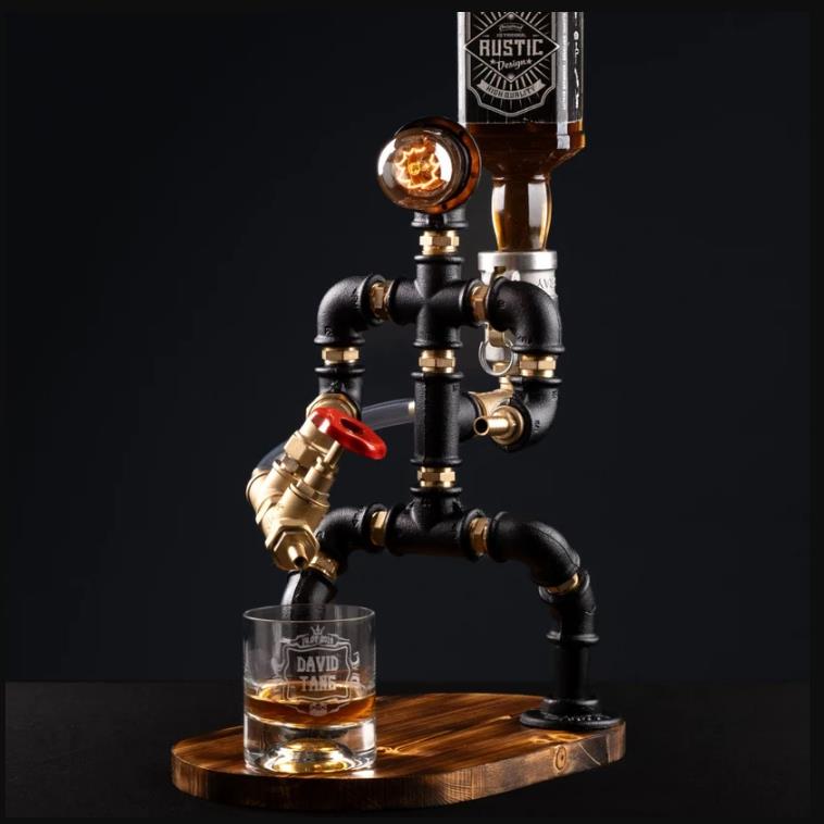 Rustik Atölye İtfaiyeci Masa Lambalı Lampenser İçki Musluğu Koyu Ceviz