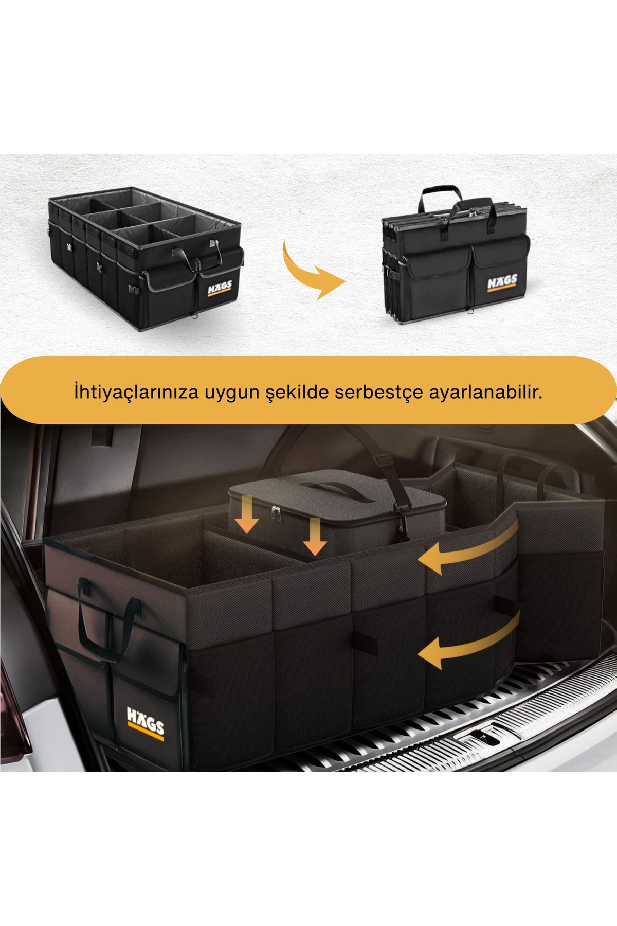 HAEGS Araç Bagaj Düzenleyici, Soğutucu Çantalı Bagaj Organizer Sağlam Katlanabilir, Otomobil ve SUV`lar için, Cepli, 3 Ana Bölmeli, 100L: 90x40x28 cm - Bej