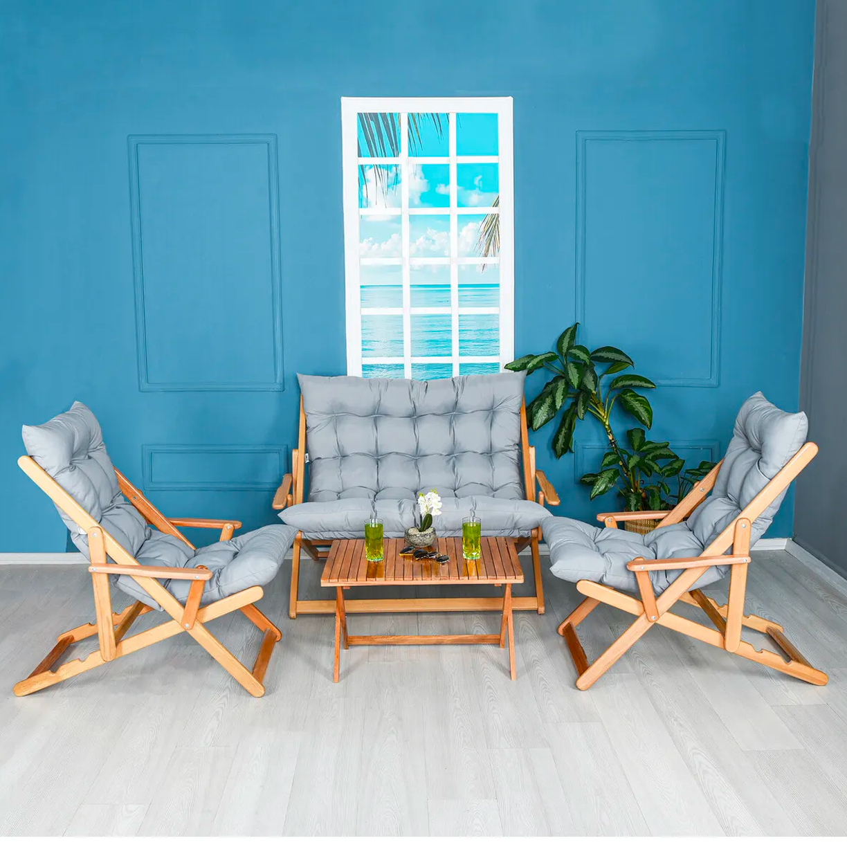 Bysay Ahşap Katlanabilir Taşinir Puf Minderli Kollu Şezlong Plaj Bahçe Teras Balkon Sandalyesi Koltuğu Takimi 4 Lü Set Gri