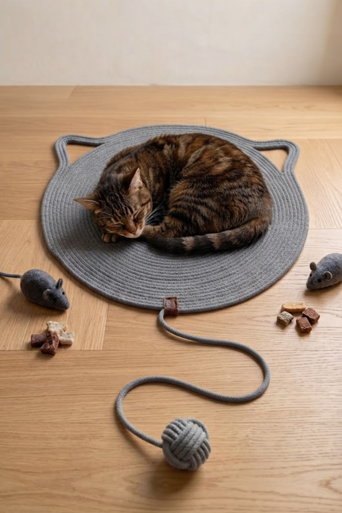 Reyo Pet El Yapımı Oyuncaklı Kedi Tırmalama Matı %100 Pamuk İpli Gri