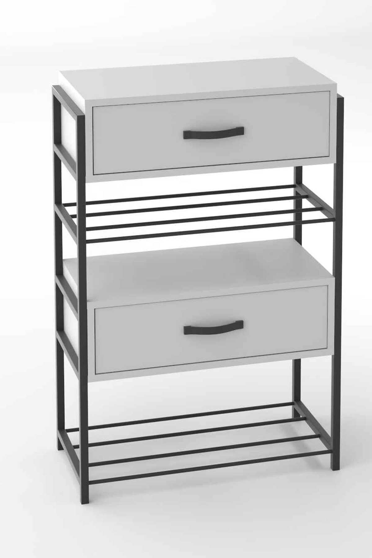 Reyo Falez Ayakkabılık Ahşap 2 Kapaklı Metal Raflı 4 Katlı Çok Amaçlı Raf Dolap Beyaz