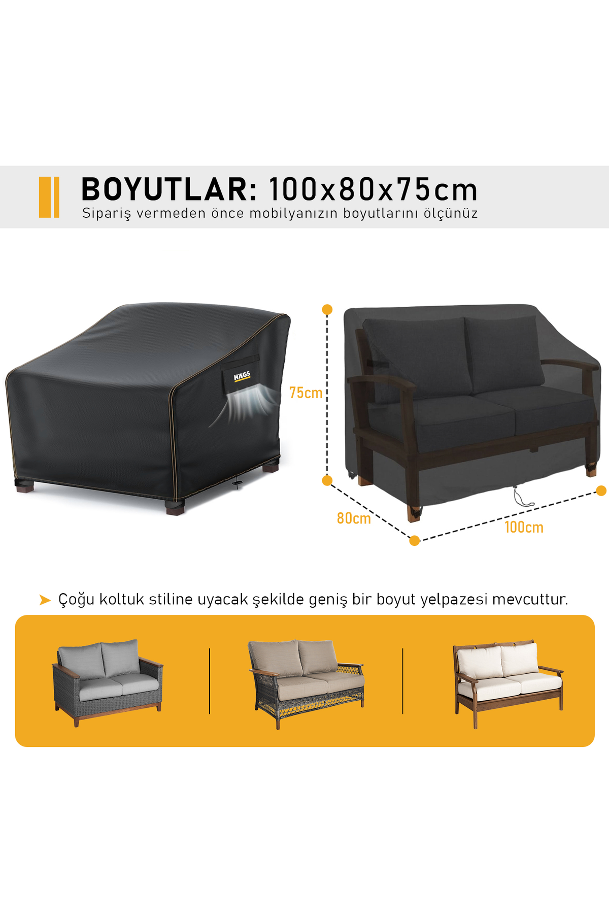 Haegs Tek Kişilik Bahçe Koltuk Örtüsü, Koruma Kılıfı, Su Geçirmez Açık Hava Bahçe Mobilya Kılıfları, Dış Mekan Sandalye Kılıfı Örtü Branda, Ağır Hizmet Tipi, 100-80-75cm - Siyah