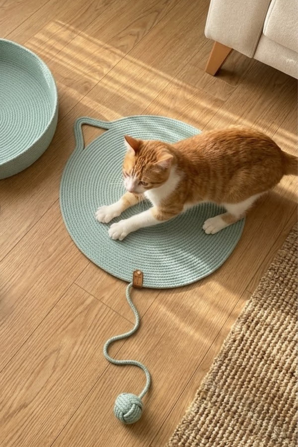 Reyo Pet El Yapımı Oyuncaklı Kedi Tırmalama Matı %100 Pamuk İpli Çağla Yeşili