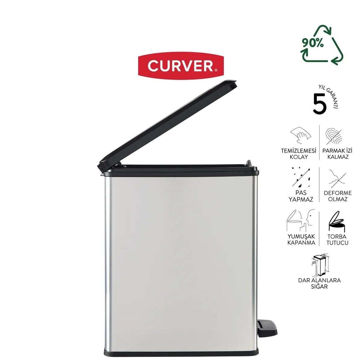 Curver DecoBin Slim 25L Metal Görünümlü, Yumuşak kapanan, Pedallı 1.Sınıf Plastik Çöp Kovası