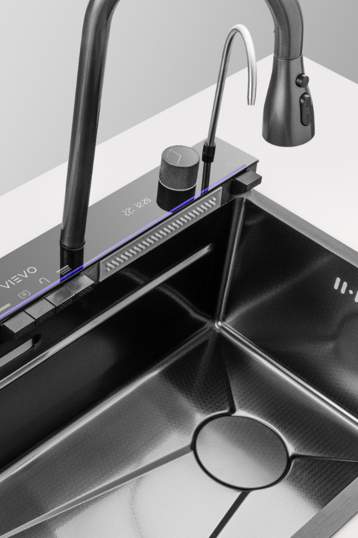 Vievo Icon 75 cm Akıllı Çelik Eviye Seti, LED Dijital Sıcaklık Göstergeli, Bal Peteği Kaplamalı, Çift Küvetli