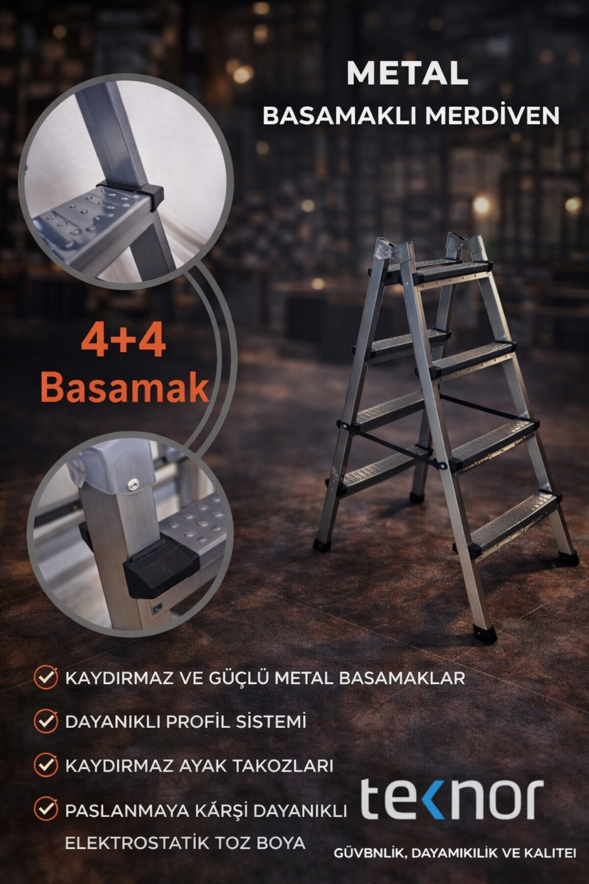 Reyo Kutlu Çift Taraflı Dayanıklı 4+4 Metal Basamaklı Katlanır Merdiven – Kaymaz Basamaklı Ev Tipi Portatif Merdiven