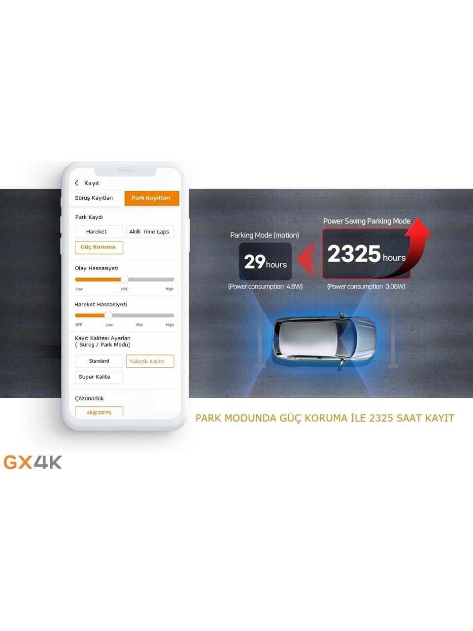 Finevu GX4K UltraHd 4K 2ch Wi-Fi Türkçe 2 Kameralı Araç Kamerası