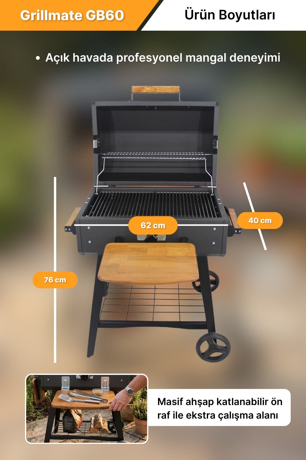 Grillmate GB60 Standlı Tekerlekli 60cm Kömürlü Barbekü Mangal