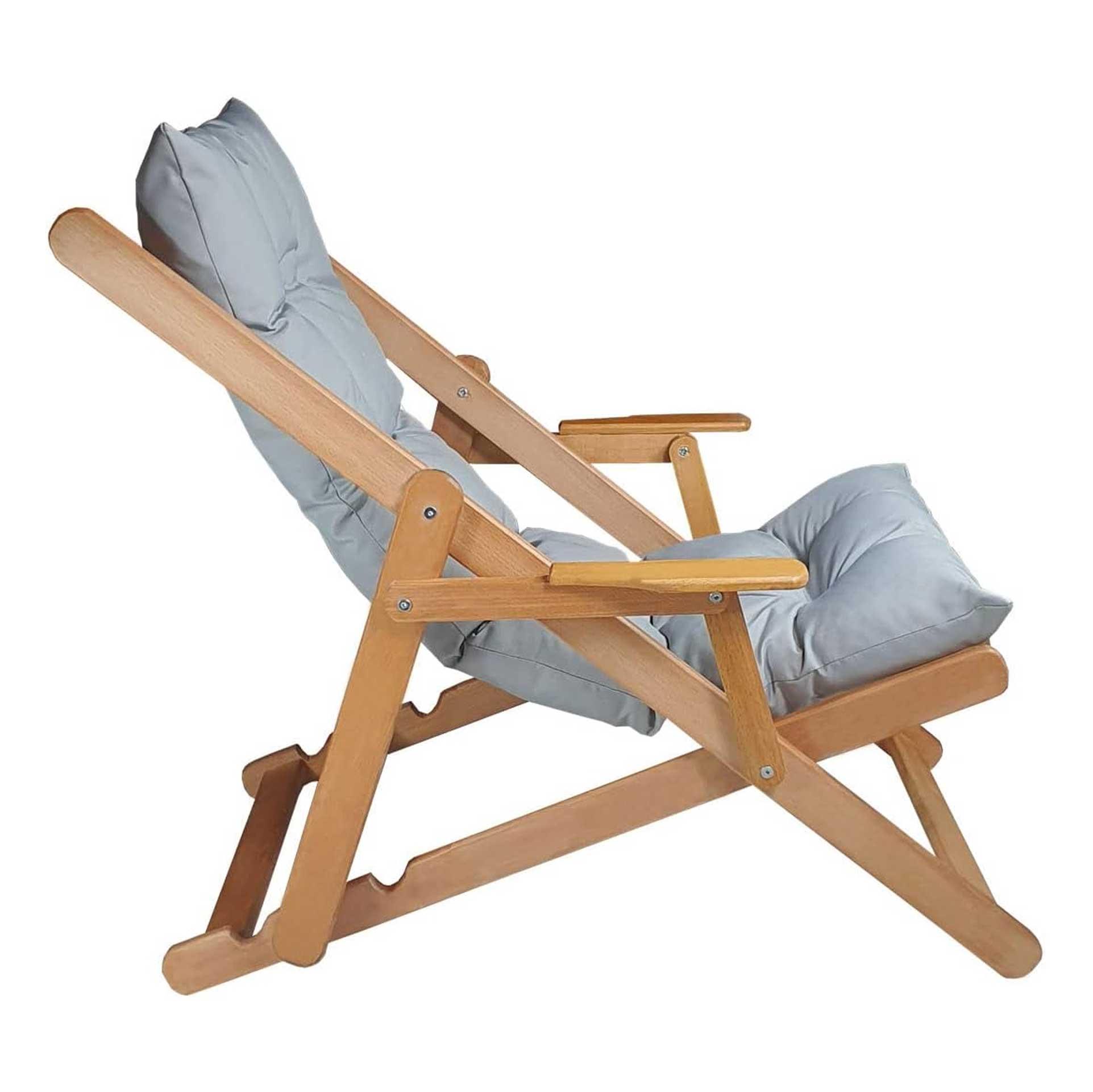 Bysay Puf Minderli Ahşap Kademeli Şezlong Bahçe&Balkon&Teras&Plaj Katlanır Şezlong Naturel Gri