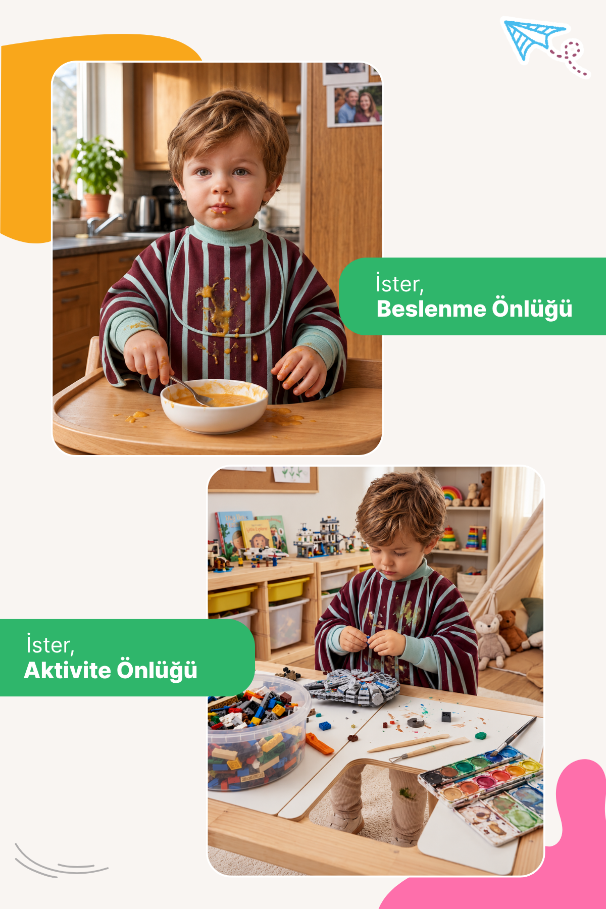 Reyo 6 Ay-6 Yaş Uzun Kollu Bebek Mama Önlüğü, Çocuk Aktivite Önlüğü, Pamuklu, Sıvı Geçirmez İç Katmanlı Havlu Bebek Beslenme Önlüğü - Çizgili