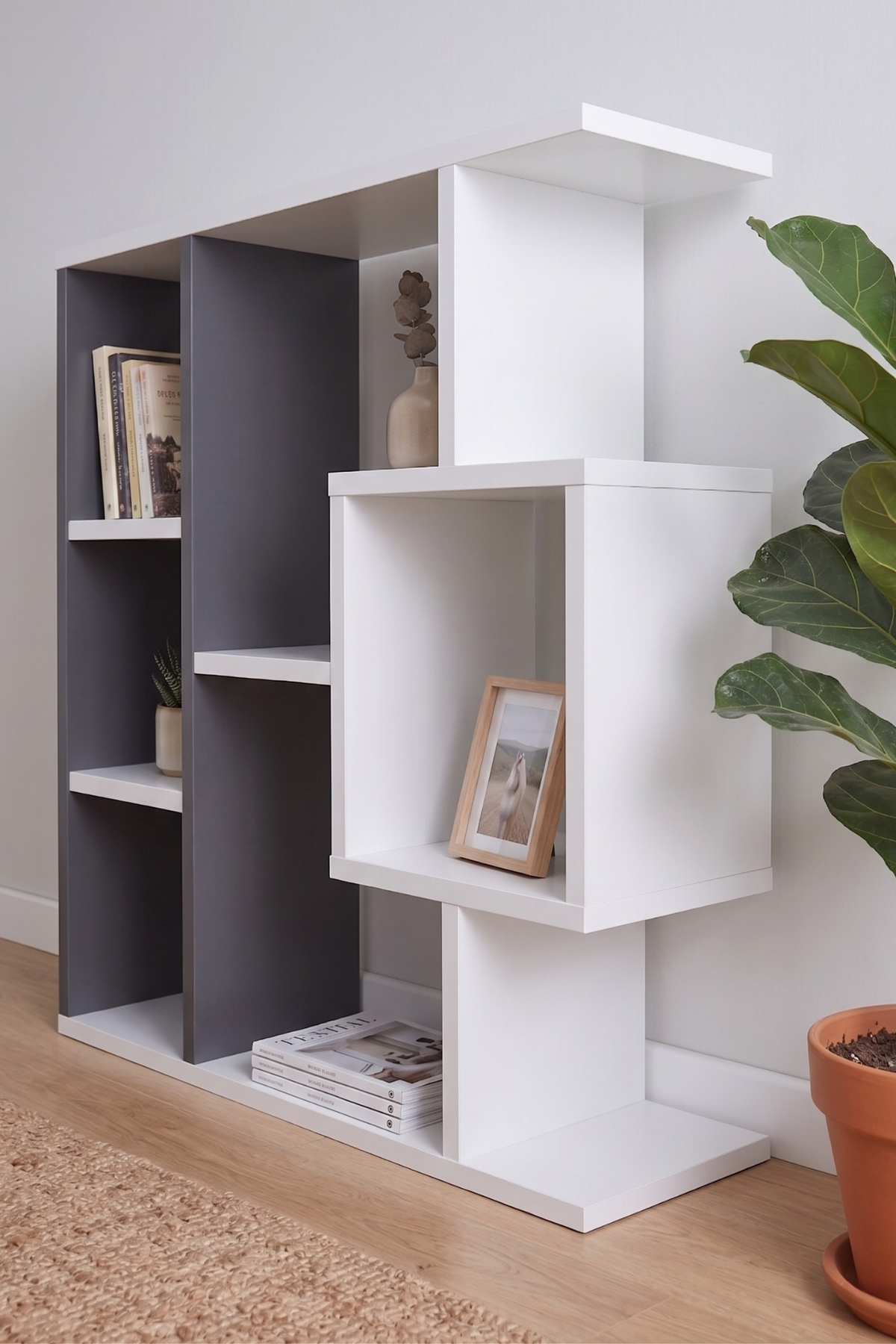 Enda Home Yegane Duvar Rafı, Duvar Kitaplığı, Dekoratif Kitaplık, Modern Kitaplık, Zeminde veya Duvarda Kullanıma Uygun Antrasit - Beyaz
