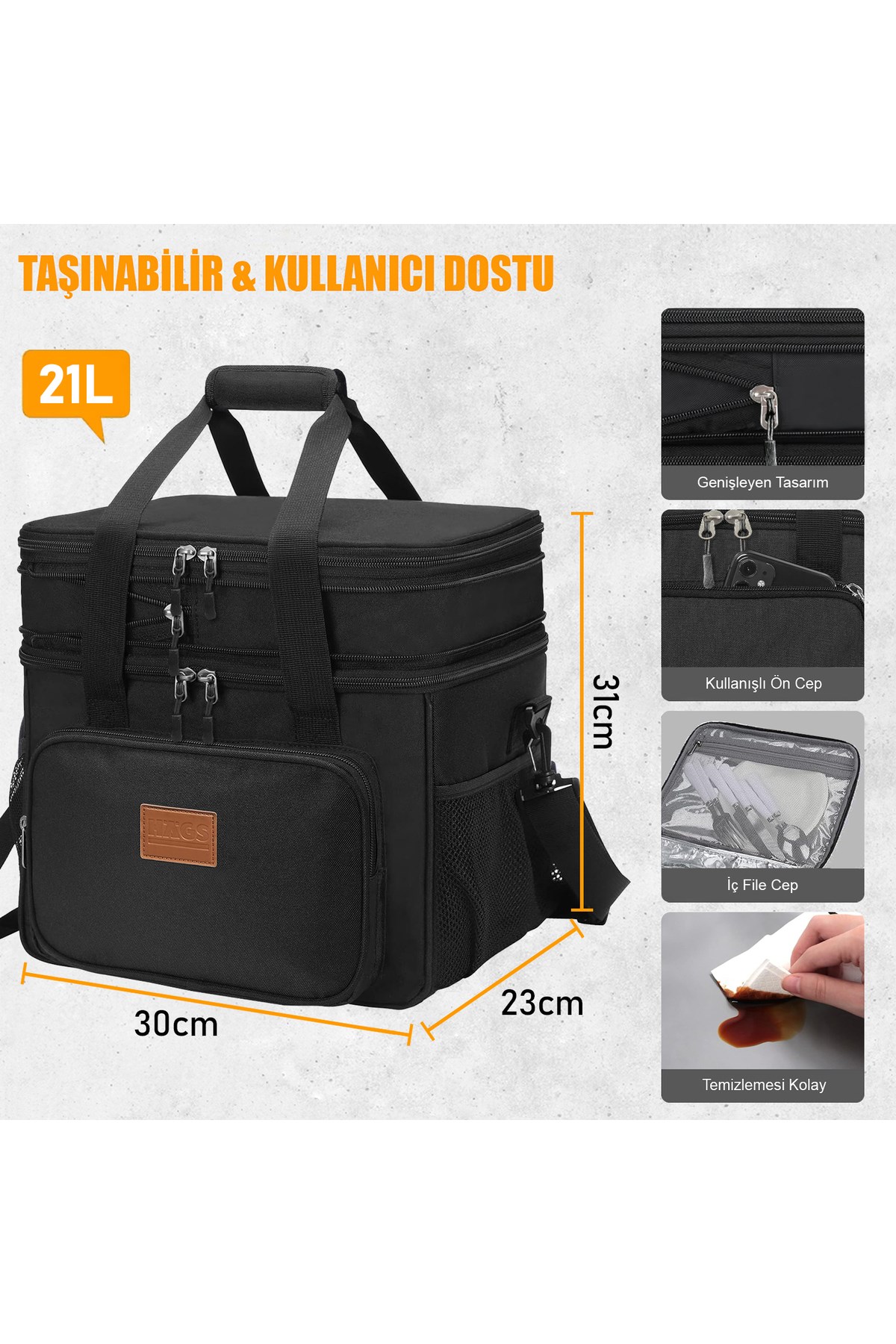 Haegs Körüklü Termal Termos Çanta, Çift Bölmeli, Yalıtımlı Beslenme Çantası, Soğutucu Buzluk Yemek Taşıma Çantası 21L - Siyah