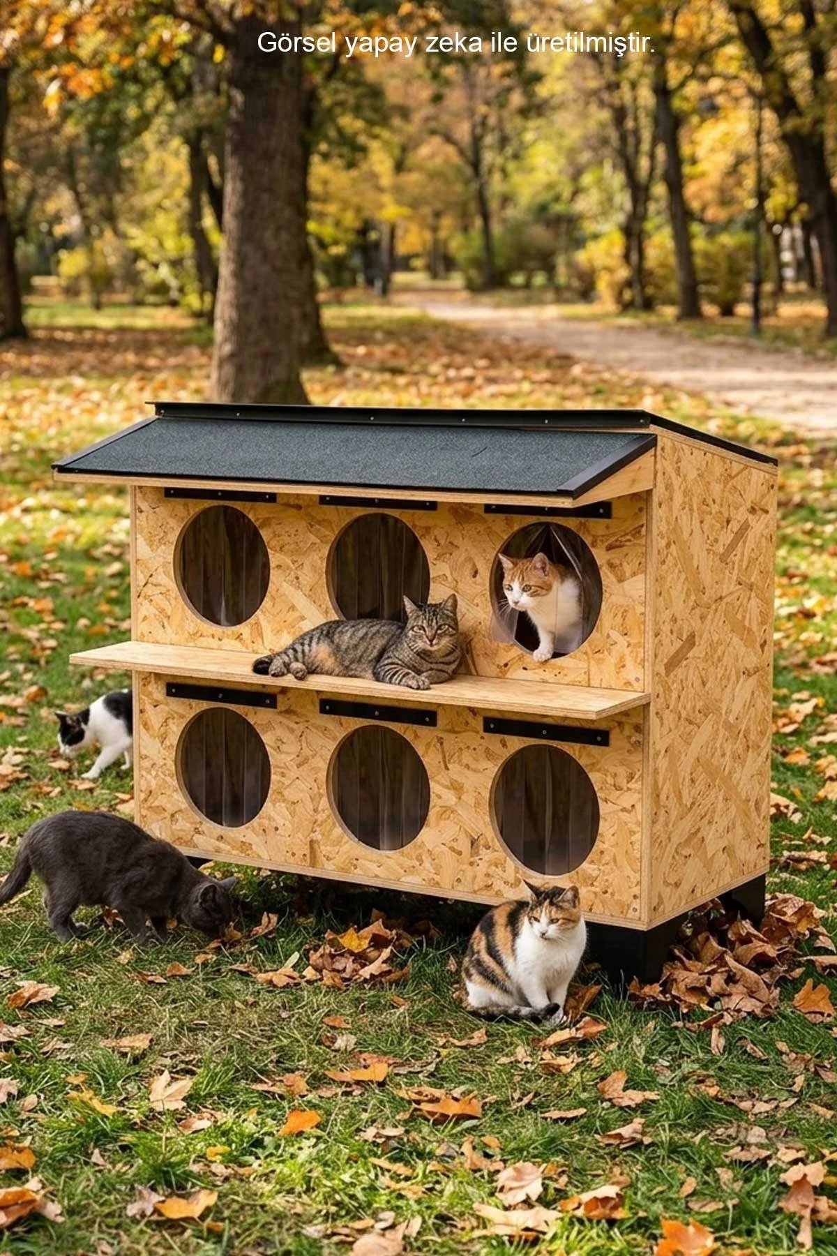 Narım Dış Mekan Kedi Evi 6 Kedilik 2 Katlı Ahşap Kedi Barınağı, Su ve Isı Yalıtımlı Monteli Teslimat