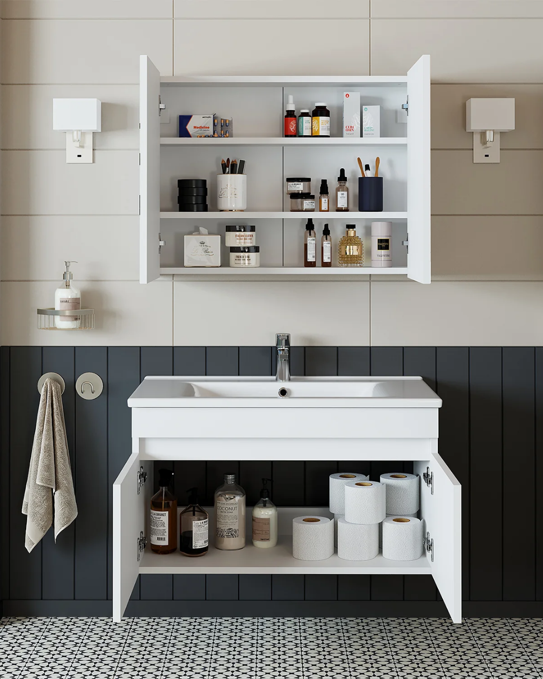 RoomArt Al3 Ayaksız 2 Kapaklı Lavabolu Mdf 85 Cm Banyo Dolabı Aynalı Üst Dolabı Mat Beyaz