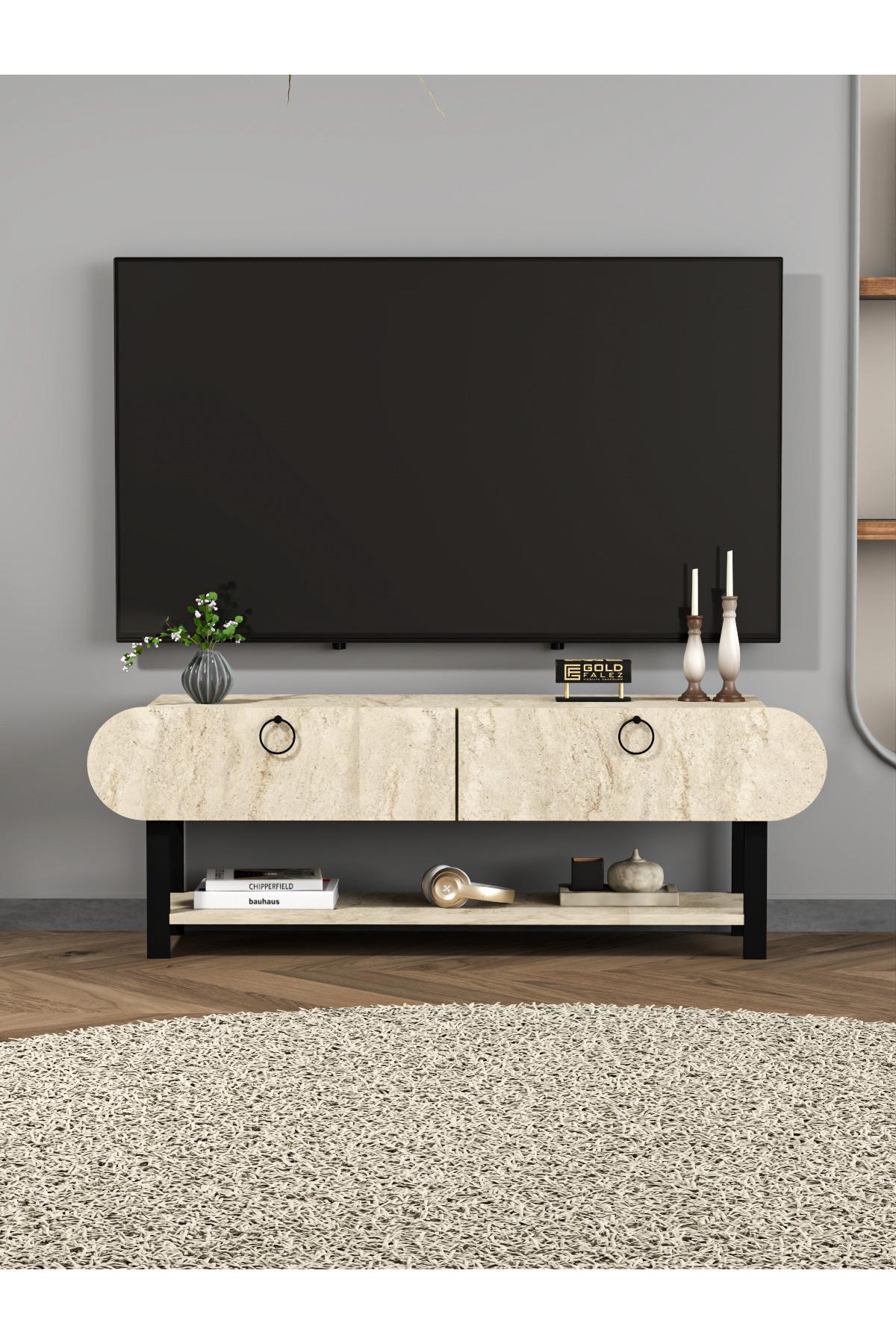 GoldFalez Tv Sehpası Tv Ünitesi Kapaklı Raflı Setro Traverten