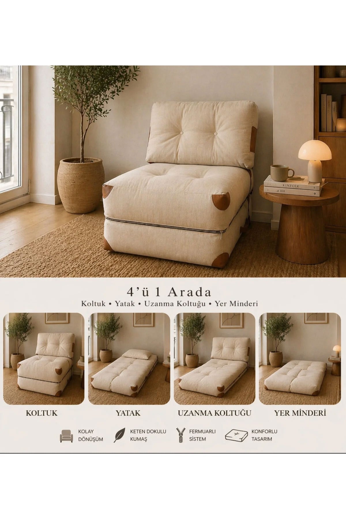Pufymax Comfy Yeni Nesil Bohem Tekli Koltuk Yatak Olabilen Katlanır Berjer & Modüler Yer Yatağı 75x75x 85 cm Keten Krem