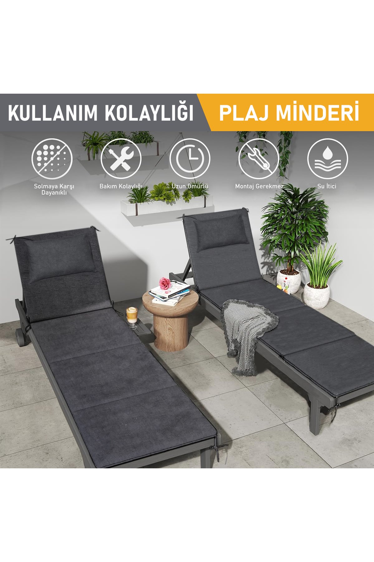Haegs Şezlong Minderi, Havuz Plaj Outdoor Kamp için Katlanır Sünger Minder, Dış Mekan Süet Kumaş Kılıf, Dış Mekan Mobilyaları İçin Veranda Yedek Minderi 22 Dens / 180x55x4 cm - Bej