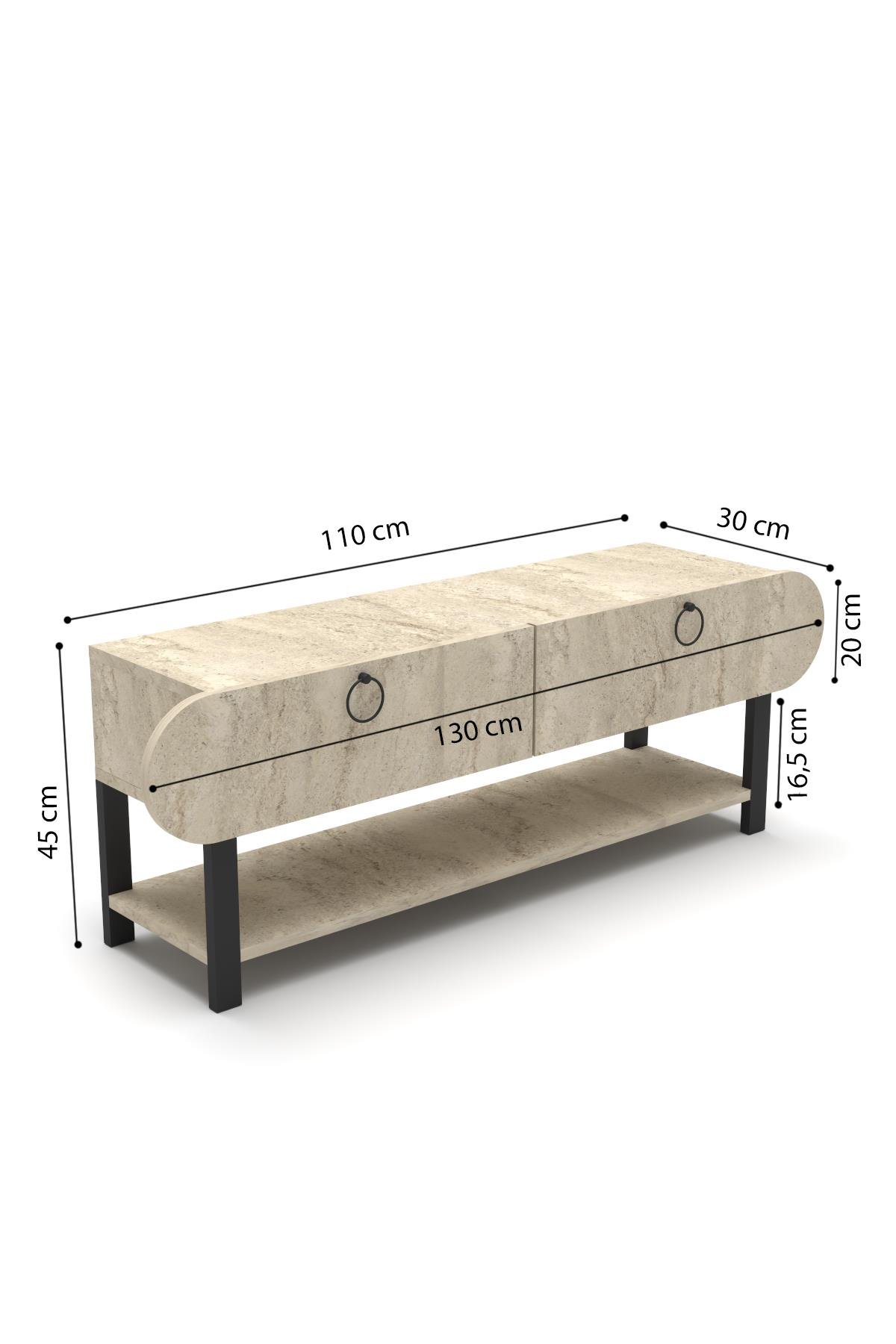 GoldFalez Tv Sehpası Tv Ünitesi Kapaklı Raflı Setro Traverten