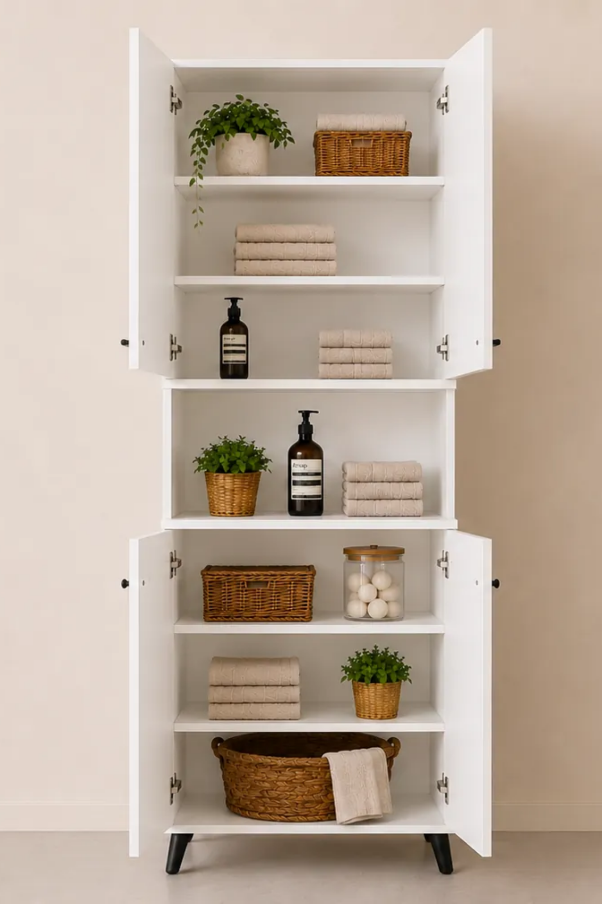 Enda Home Listra 4 Kapaklı Çok Amaçlı Dolap 170,8 cm,  Raflı, Ayaklı Depolama Dolabı - Beyaz