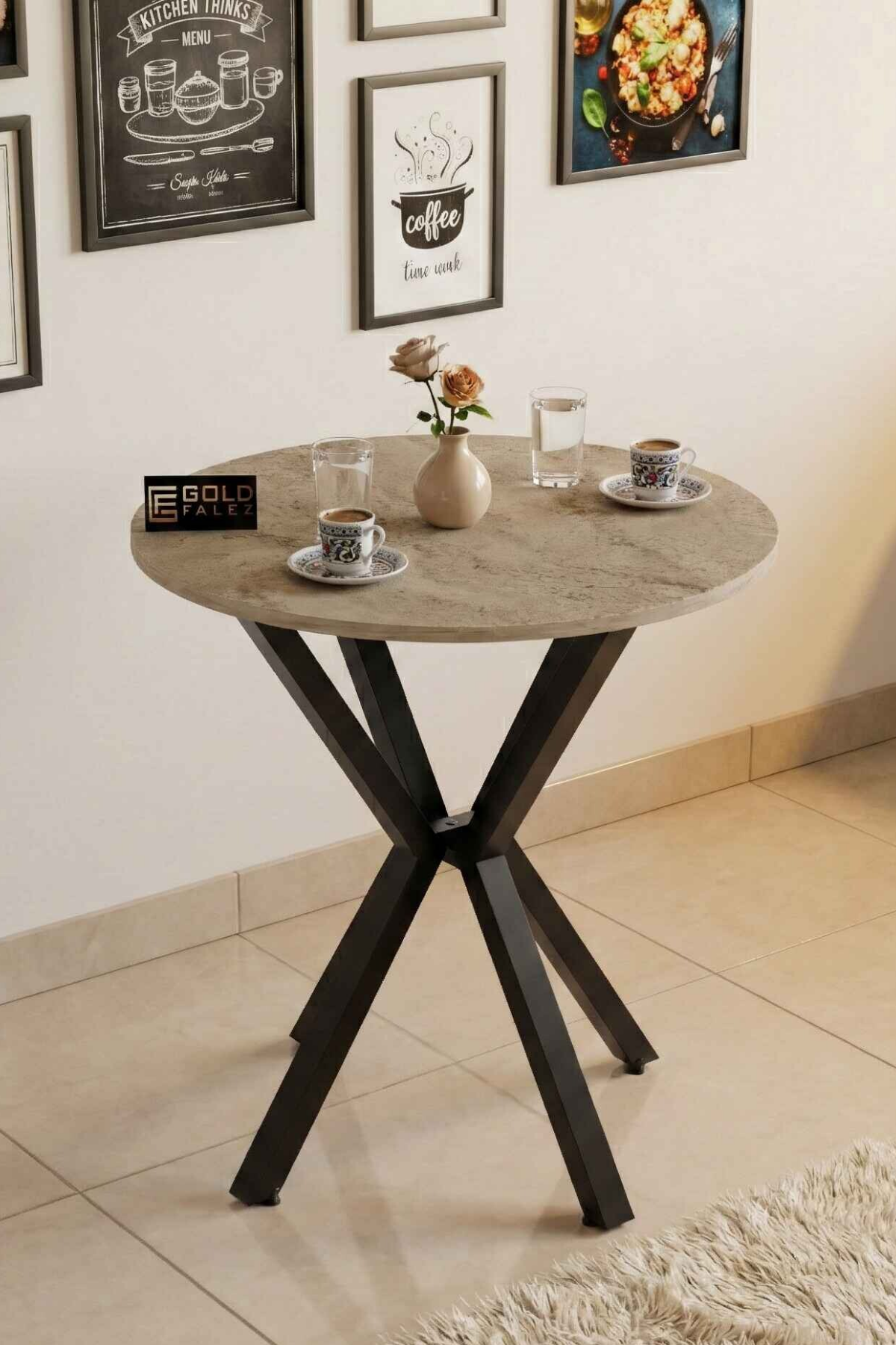 Reyo Falez 70 cm Yuvarlak Mutfak Masası Metal Ayaklı Modern Yemek Balkon Bahçe Kafe Masası Traverten 9821