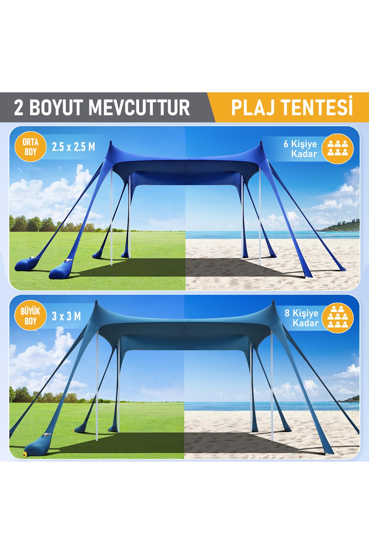 Haegs Plaj Gölgelik Tente Deniz Çadırı, Sahil Plaj Gölgeliği Kanopy, UPF50 Güneş Koruma, Açık Hava Deniz Şemsiyesi Tente Gölgelik Aile Kampı Balık Piknik için Gölgelik, 250x250cm Derin Mavi